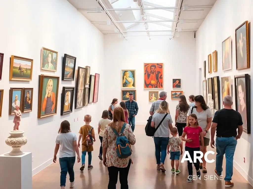A visually appealing image of an art exhibition, showcasing a diverse collection of artworks and visitors appreciating the display, representing ARC EN SCENE's role in promoting visual arts.