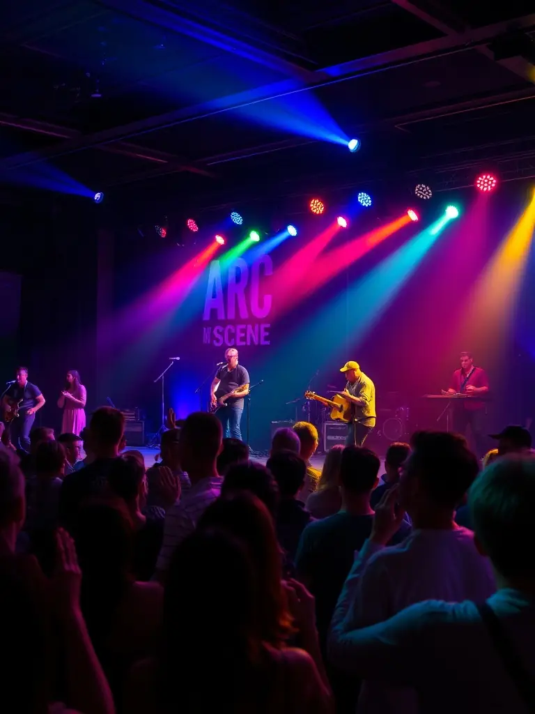 A vibrant photograph capturing a live music performance at ARC EN SCENE, showcasing musicians on stage with colorful lighting and an engaged audience.