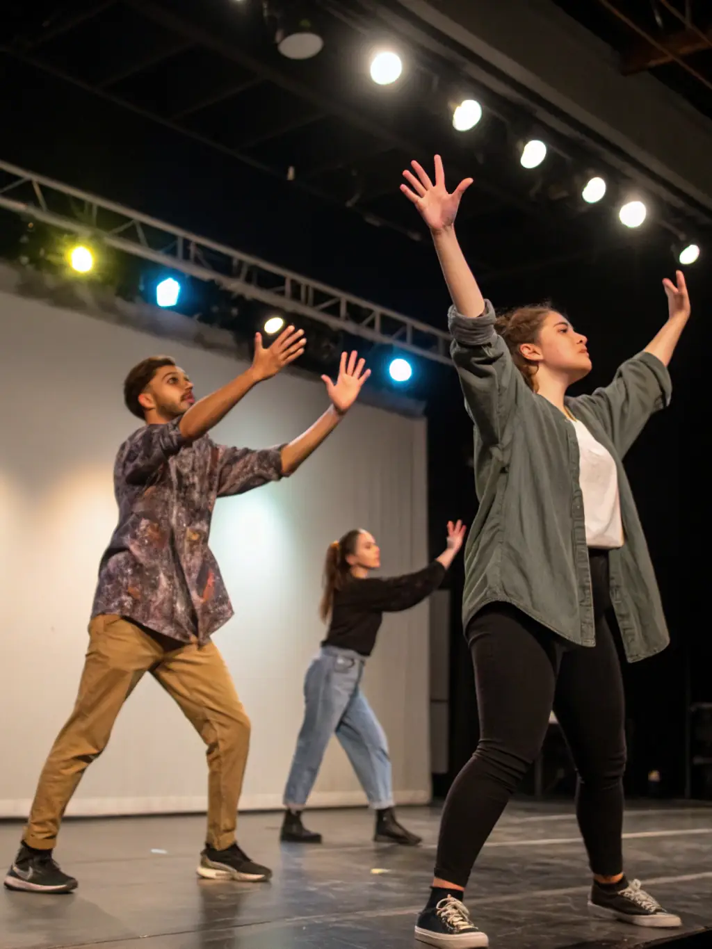 A dynamic image of a theater workshop in progress at ARC EN SCENE, featuring participants actively engaged in acting exercises and scene development.