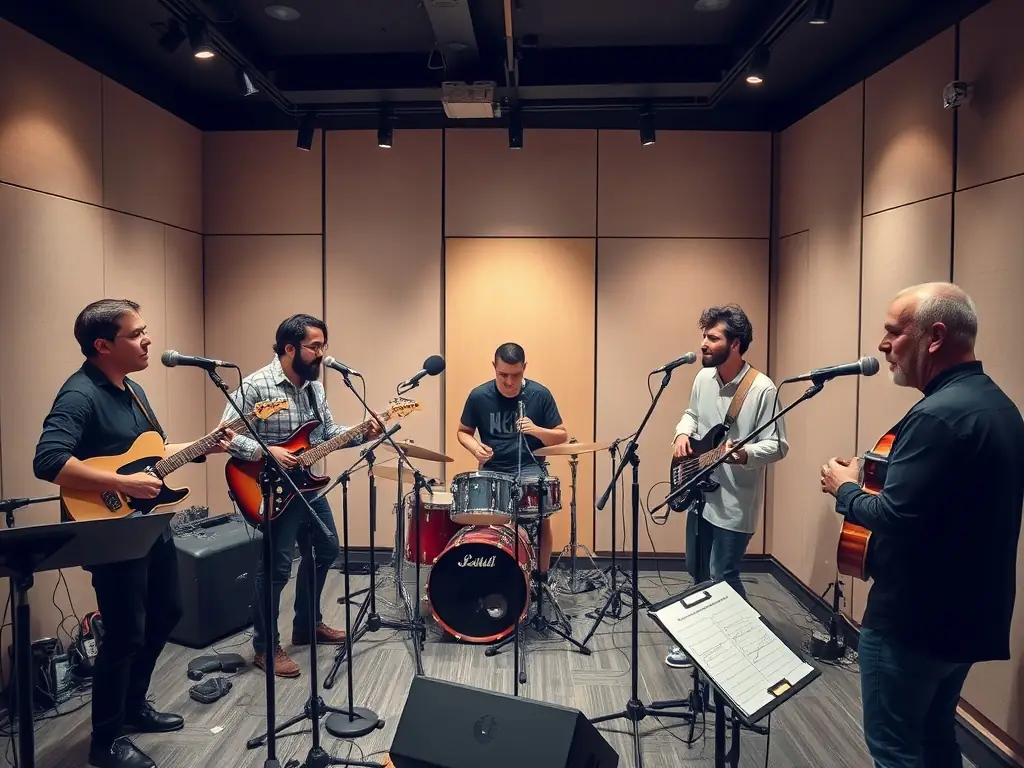 A photograph capturing a music recording session, featuring musicians collaborating in a professional studio setting, highlighting ARC EN SCENE's commitment to supporting music production.
