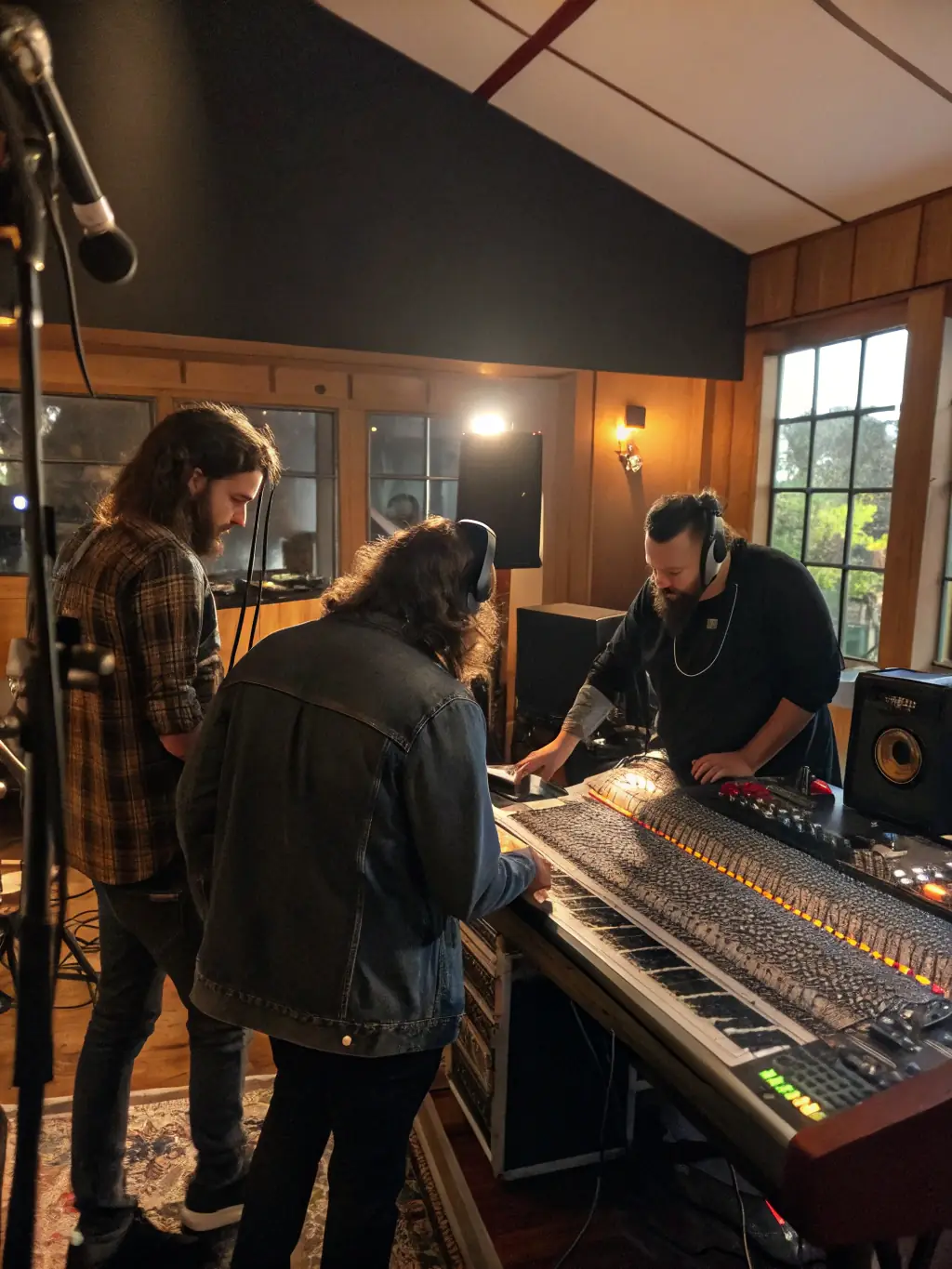 A photograph of a recording session at ARC EN SCENE, showing sound engineers and musicians collaborating in a professional studio environment.