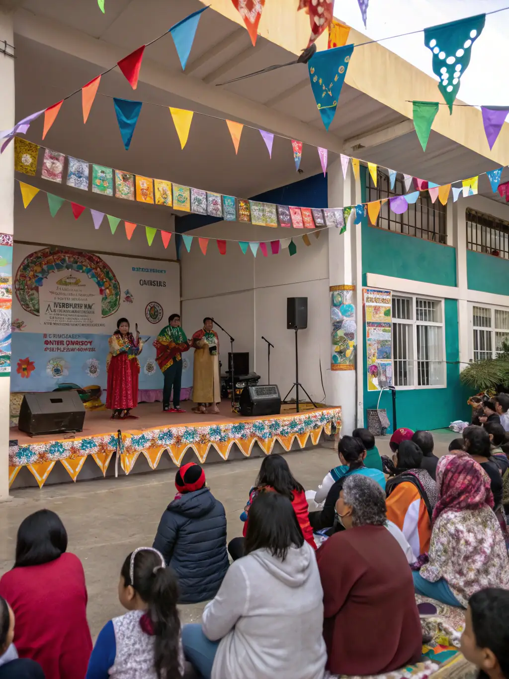 A captivating image of a cultural event at ARC EN SCENE, featuring diverse performances, art installations, and community members interacting.